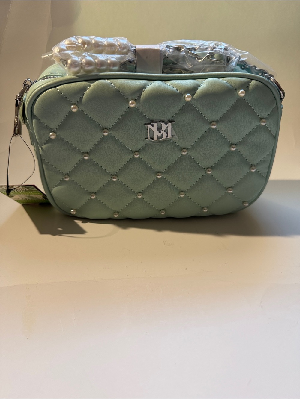 Badgley Mischka Quilted Pearl Accent Crossbody - Mint Green